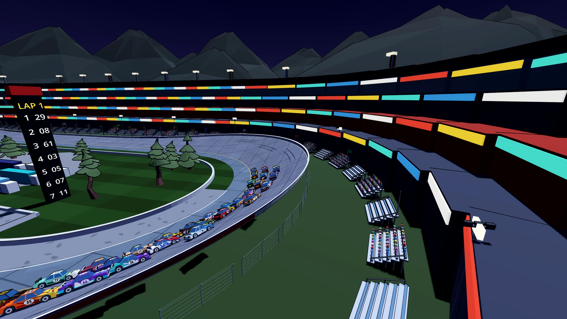 A full field winds through the steep Iron Bowl stadium banking.