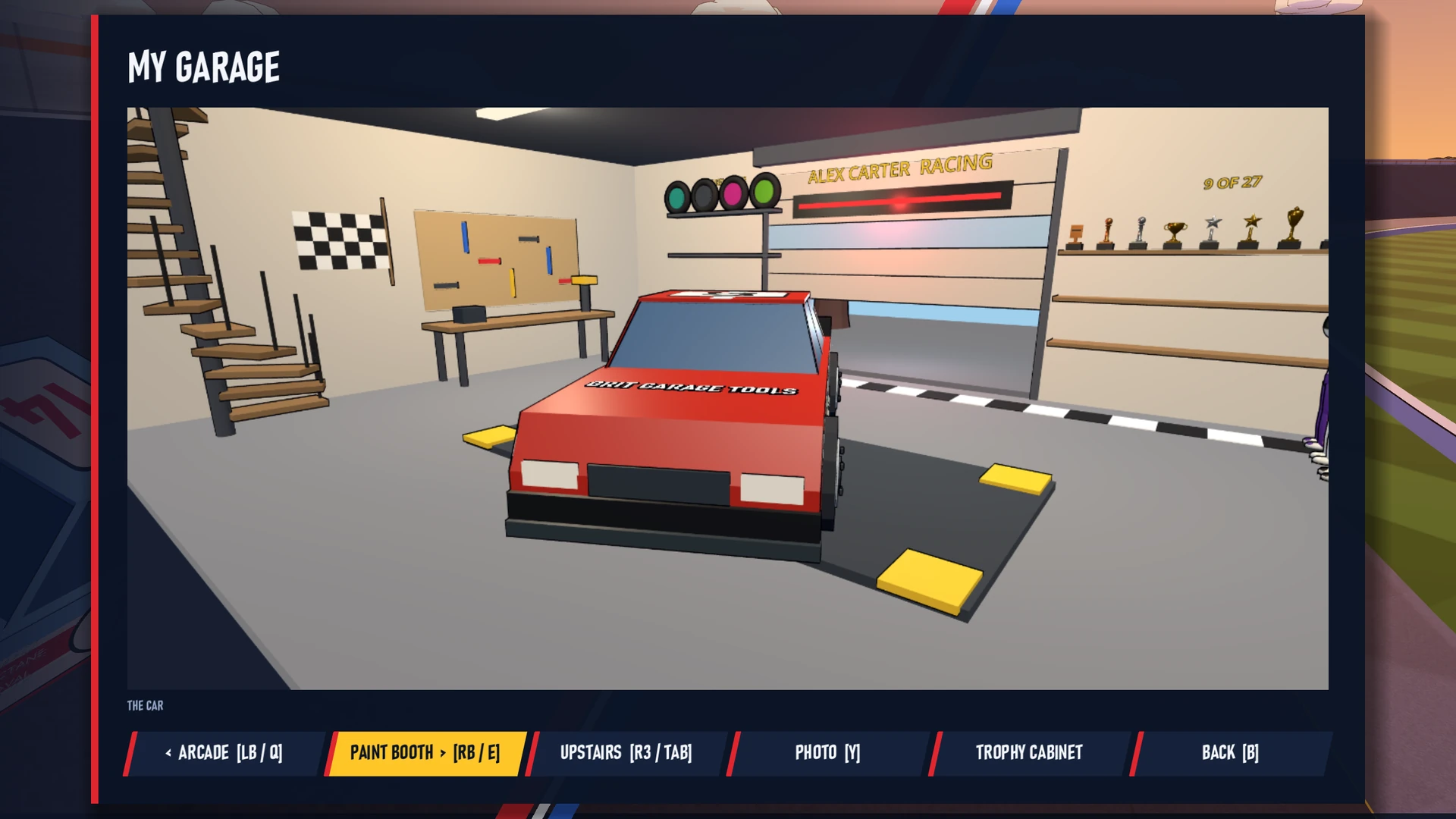 The customizable player garage with car, tools and trophies.