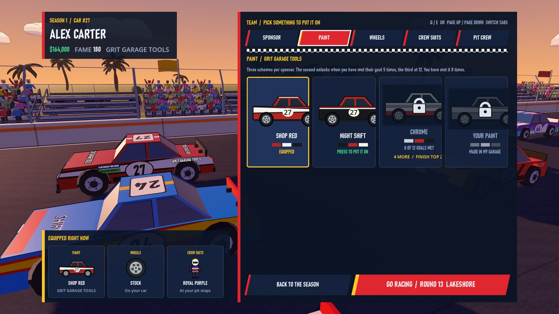 Sponsor paint schemes and unlock progress on the team screen.